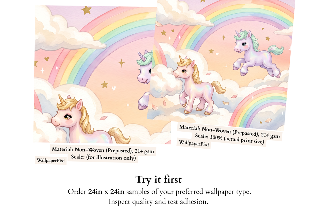Pastel Watercolor Unicorn & Rainbow Wallpaper Magical Cloud Nursery Wall Mural