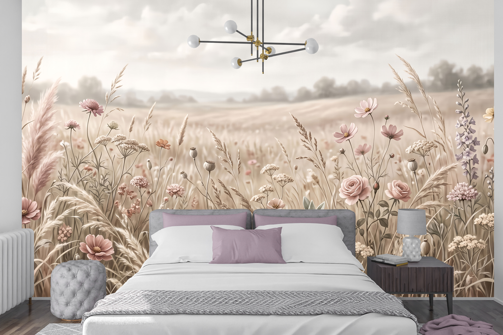 Soft pampas grass and pink floral peel and stick wallpaper behind a modern Japandi bed