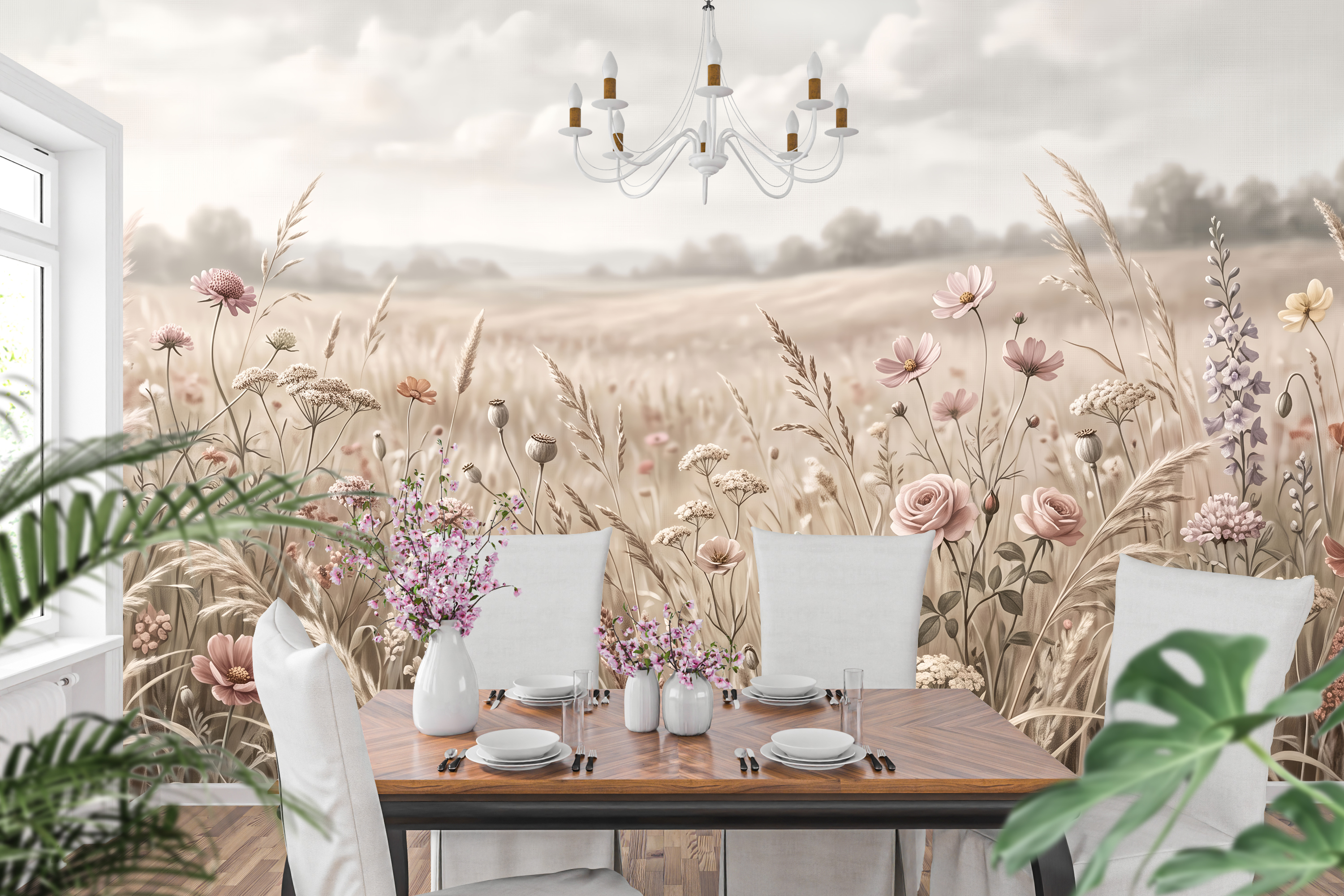 Earthy neutral nature wall mural transforming a bright stylish dining space