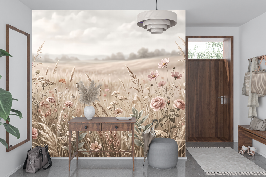 Pastel Wildflower & Pampas Meadow Wall Mural Serene Boho Prairie Landscape Wallpaper