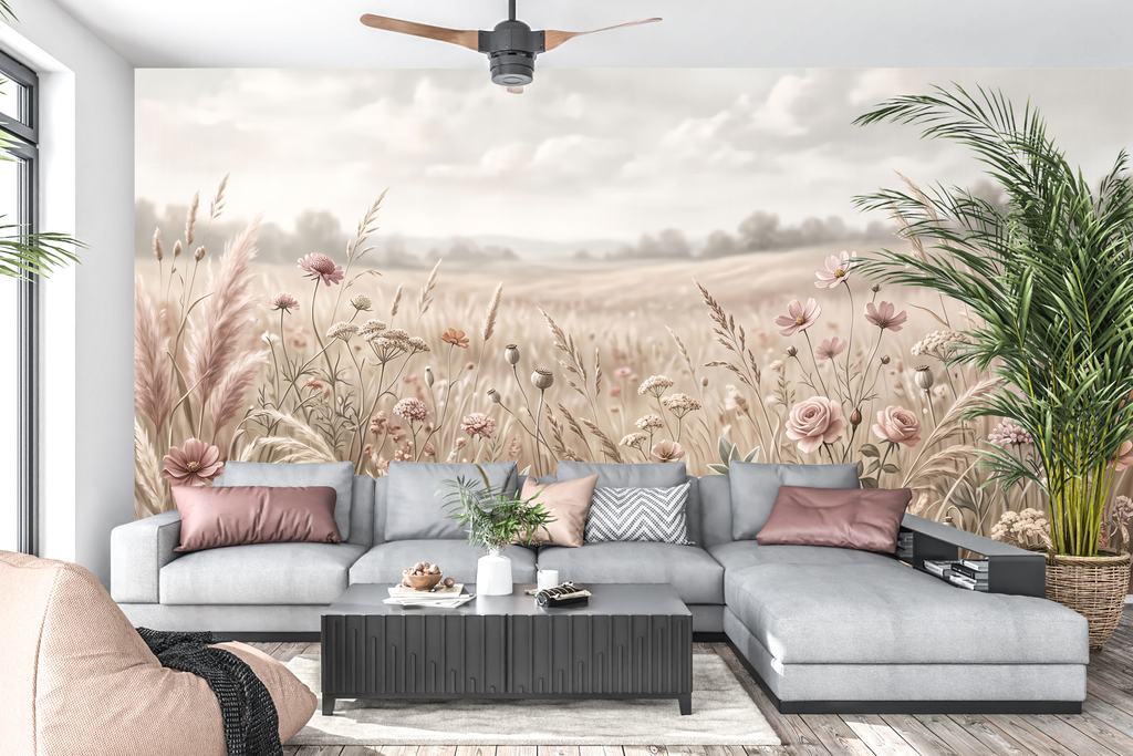 Pastel wildflower meadow mural in a cozy boho chic living room