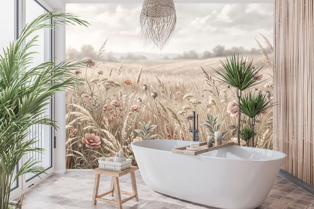 Waterproof vinyl dreamy botanical wallpaper applied in an elegant modern bathroom