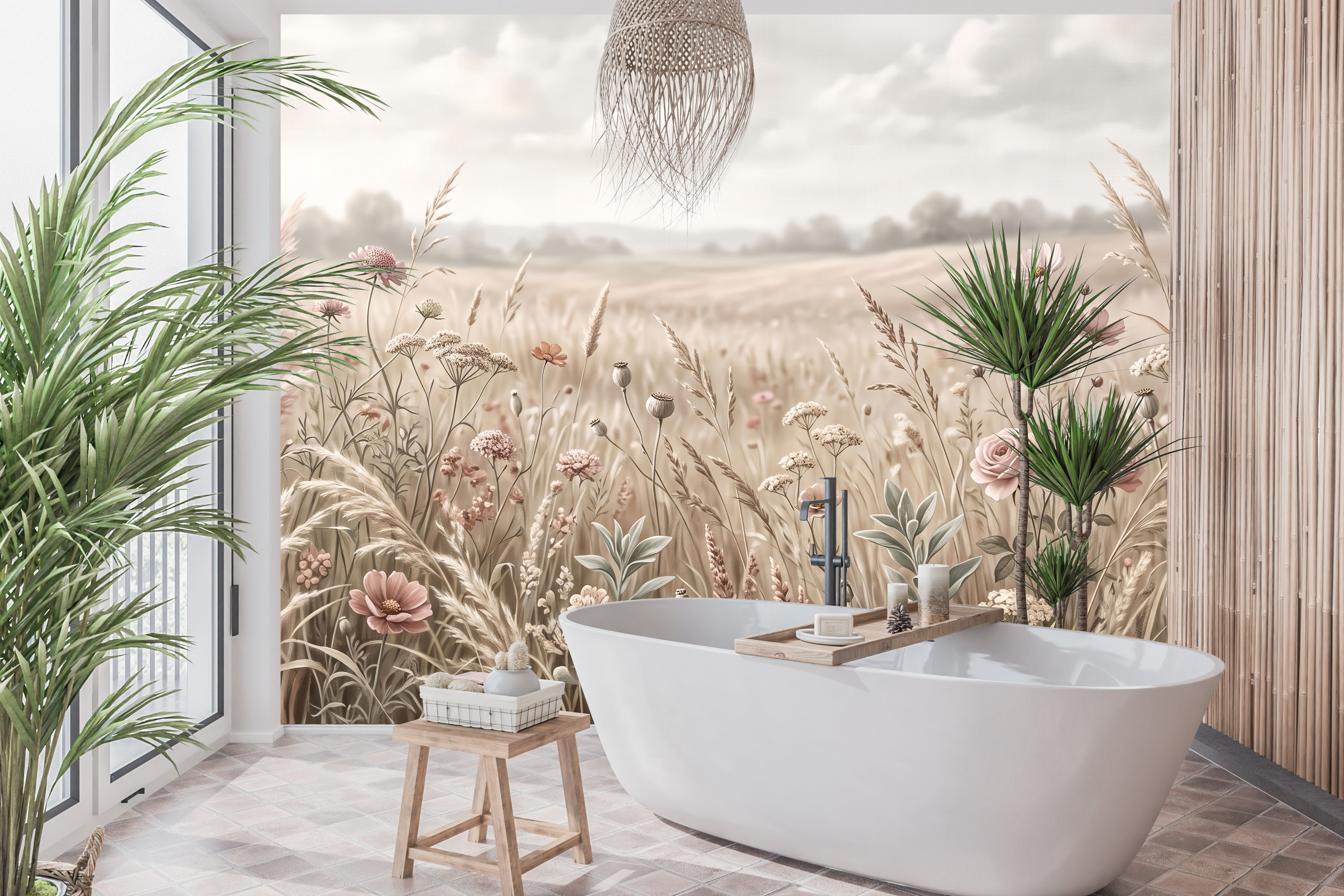 Waterproof vinyl dreamy botanical wallpaper applied in an elegant modern bathroom