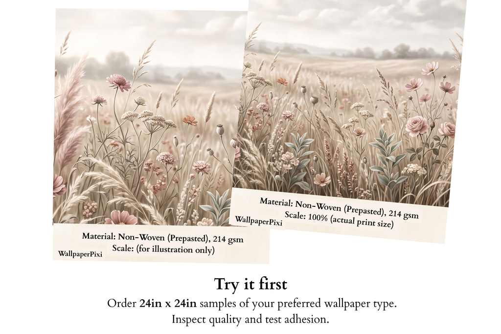Pastel Wildflower & Pampas Meadow Wall Mural Serene Boho Prairie Landscape Wallpaper