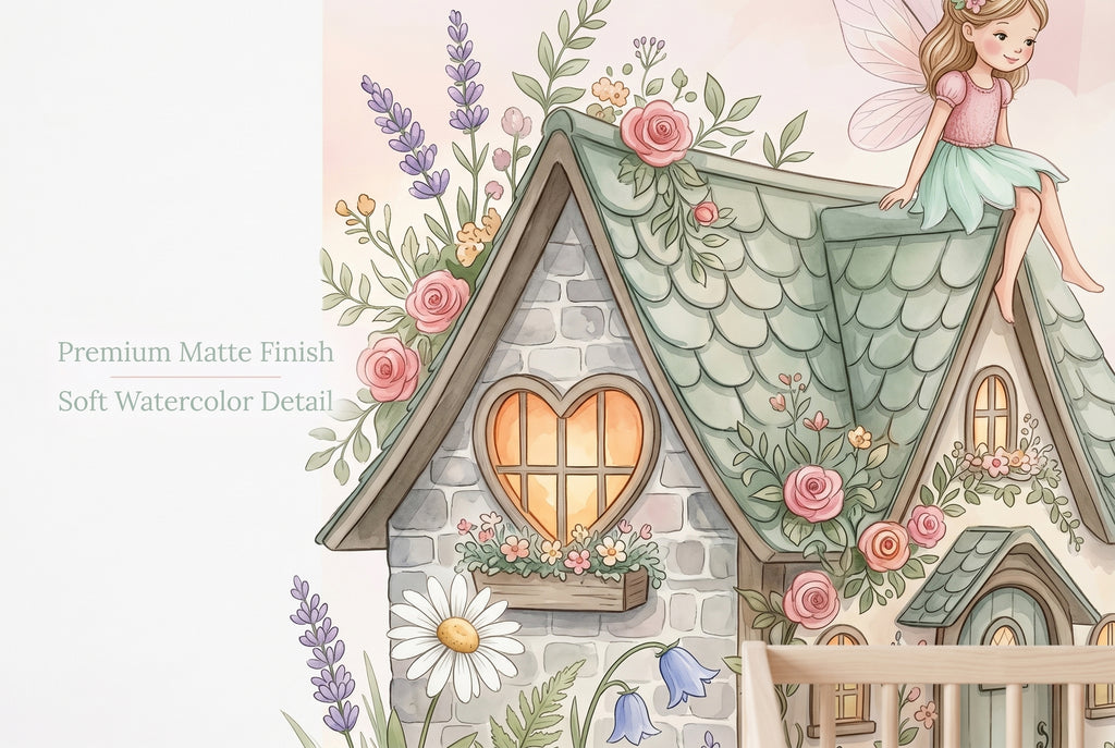 Pastel rainbow and flying unicorn detail on fairy nursery wallpaper