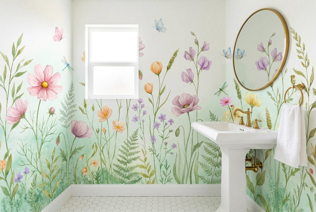 Pastel wildflower meadow peel and stick wallpaper mural in a bright powder room with a white pedestal sink and round brass mirror