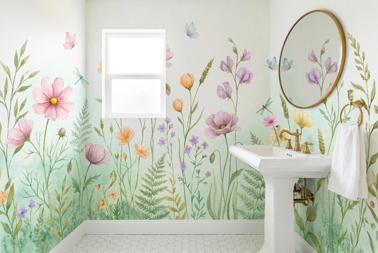 Pastel wildflower meadow peel and stick wallpaper mural in a bright powder room with a white pedestal sink and round brass mirror