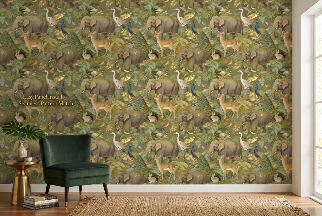 Peacock and deer details on tropical nature peel and stick wallpaper