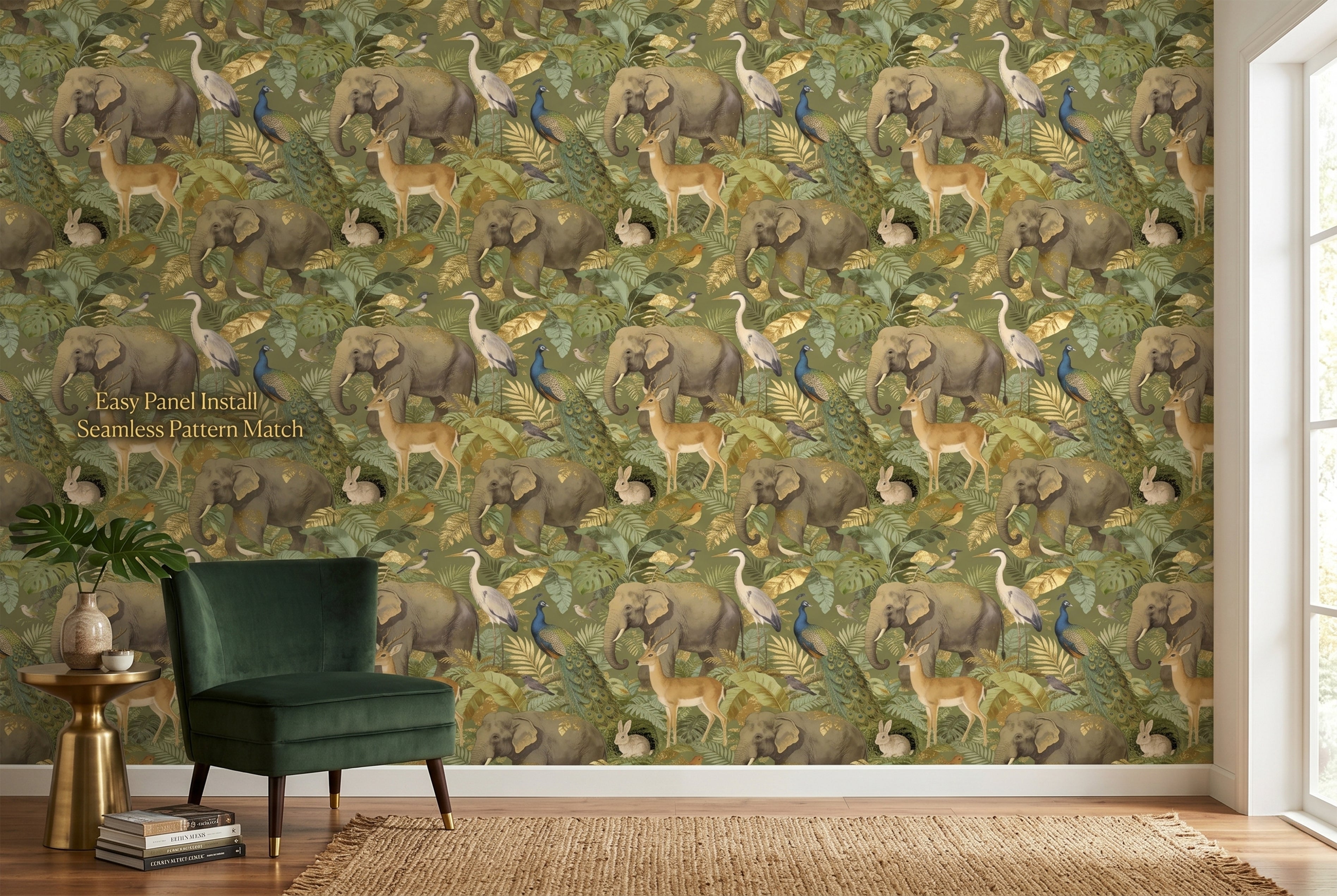 Peacock and deer details on tropical nature peel and stick wallpaper