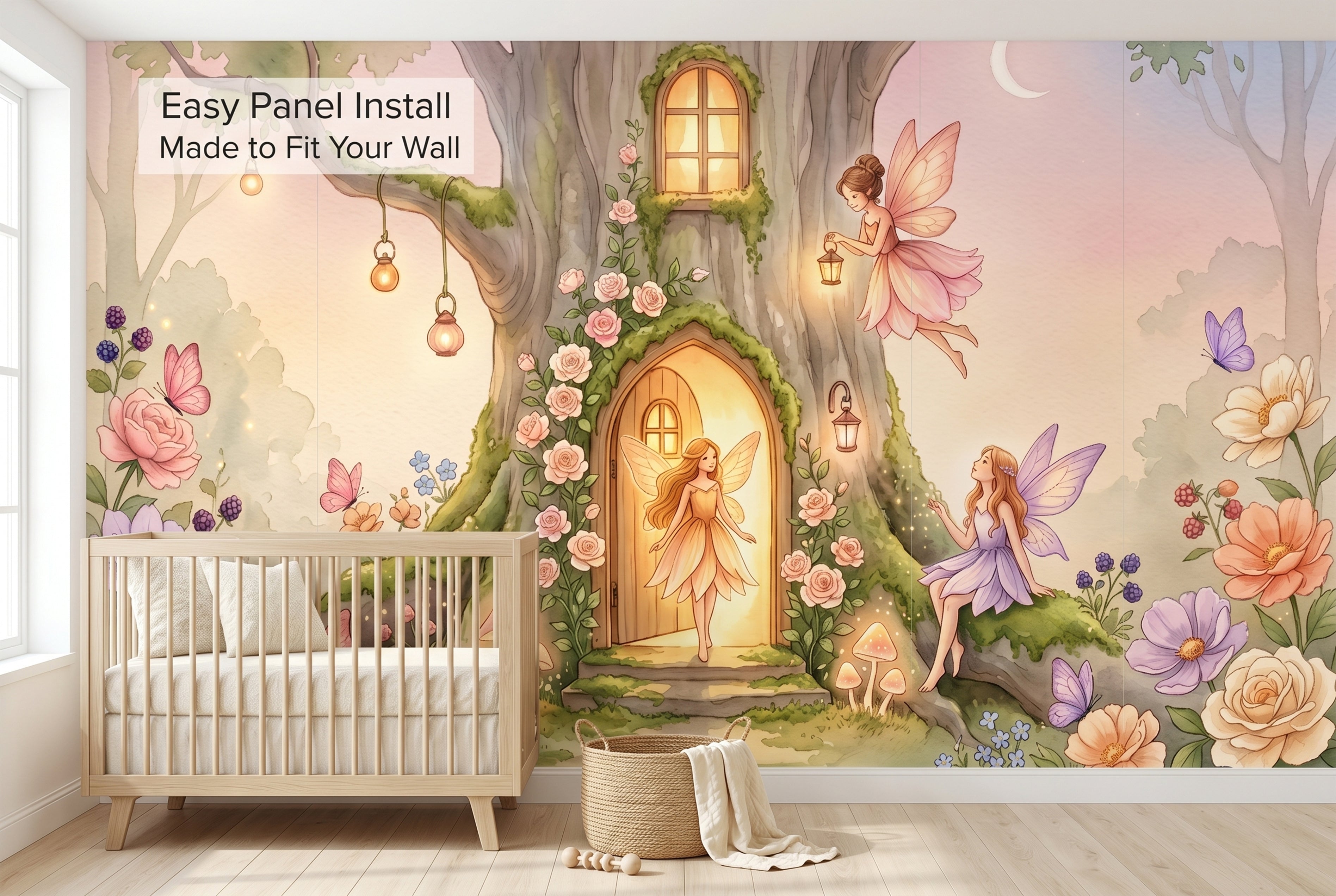 Peel and stick and traditional material options for fairy door tree house mural