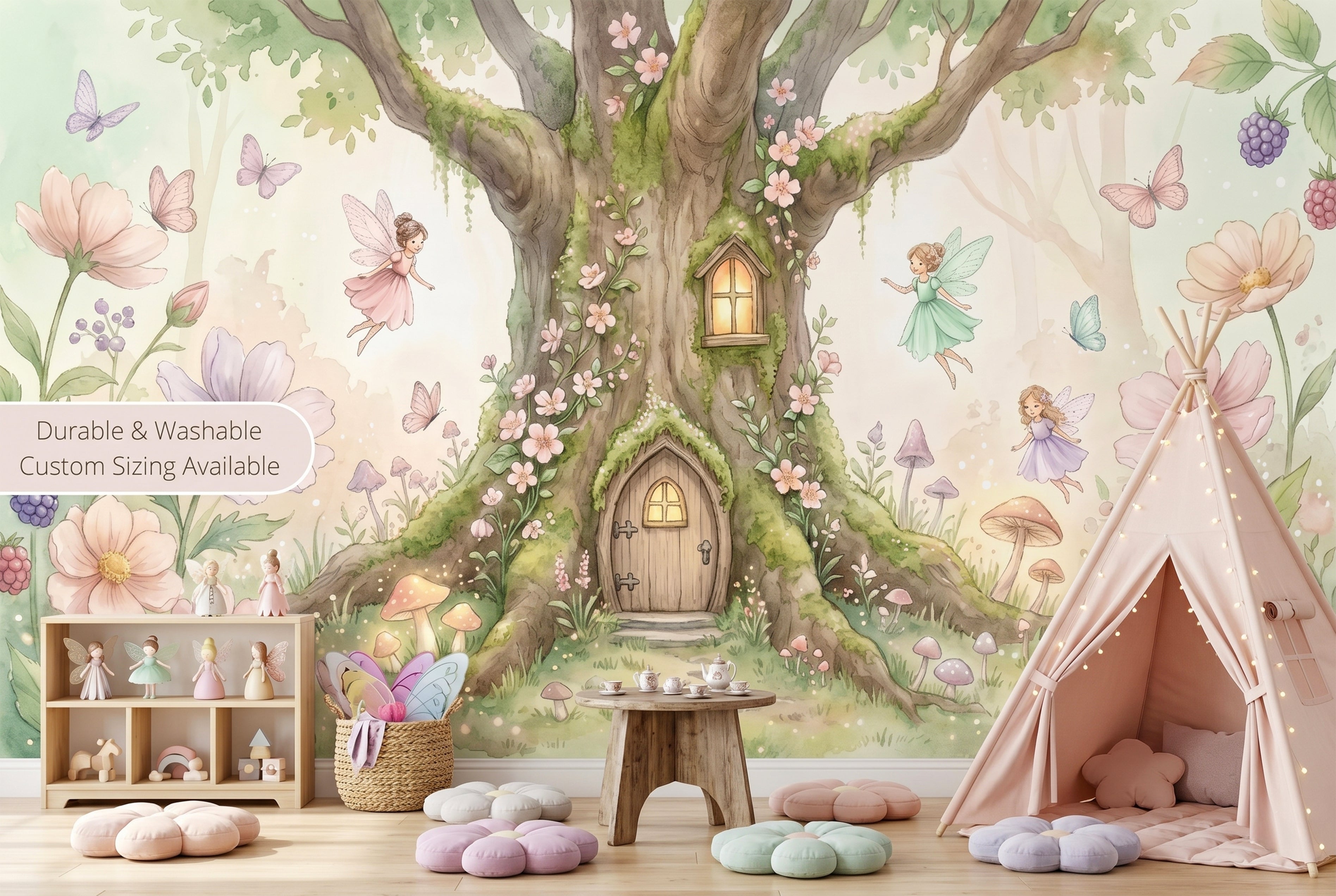 Peel and stick and traditional material options for fairy tree house mural