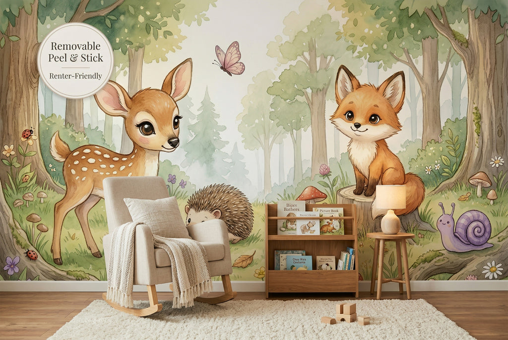 Peel and stick and traditional material options for woodland animal mural