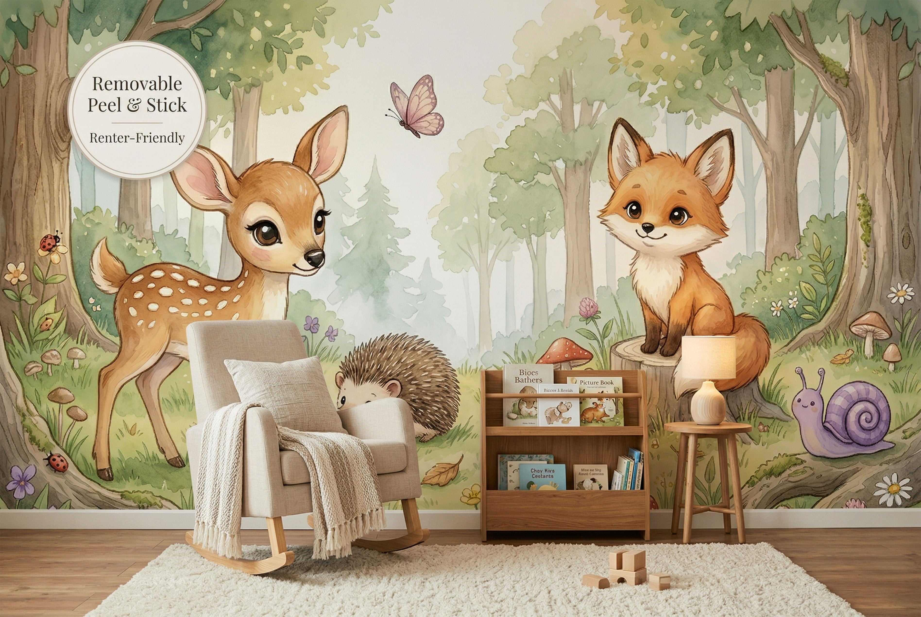 Peel and stick and traditional material options for woodland animal mural