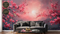 Pink cherry blossom mountain sunset wall mural in a modern living room