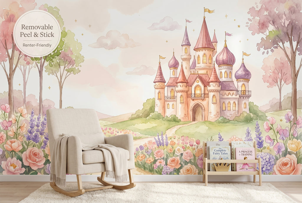 Pink roses peonies and lavender flowers on princess castle nursery mural