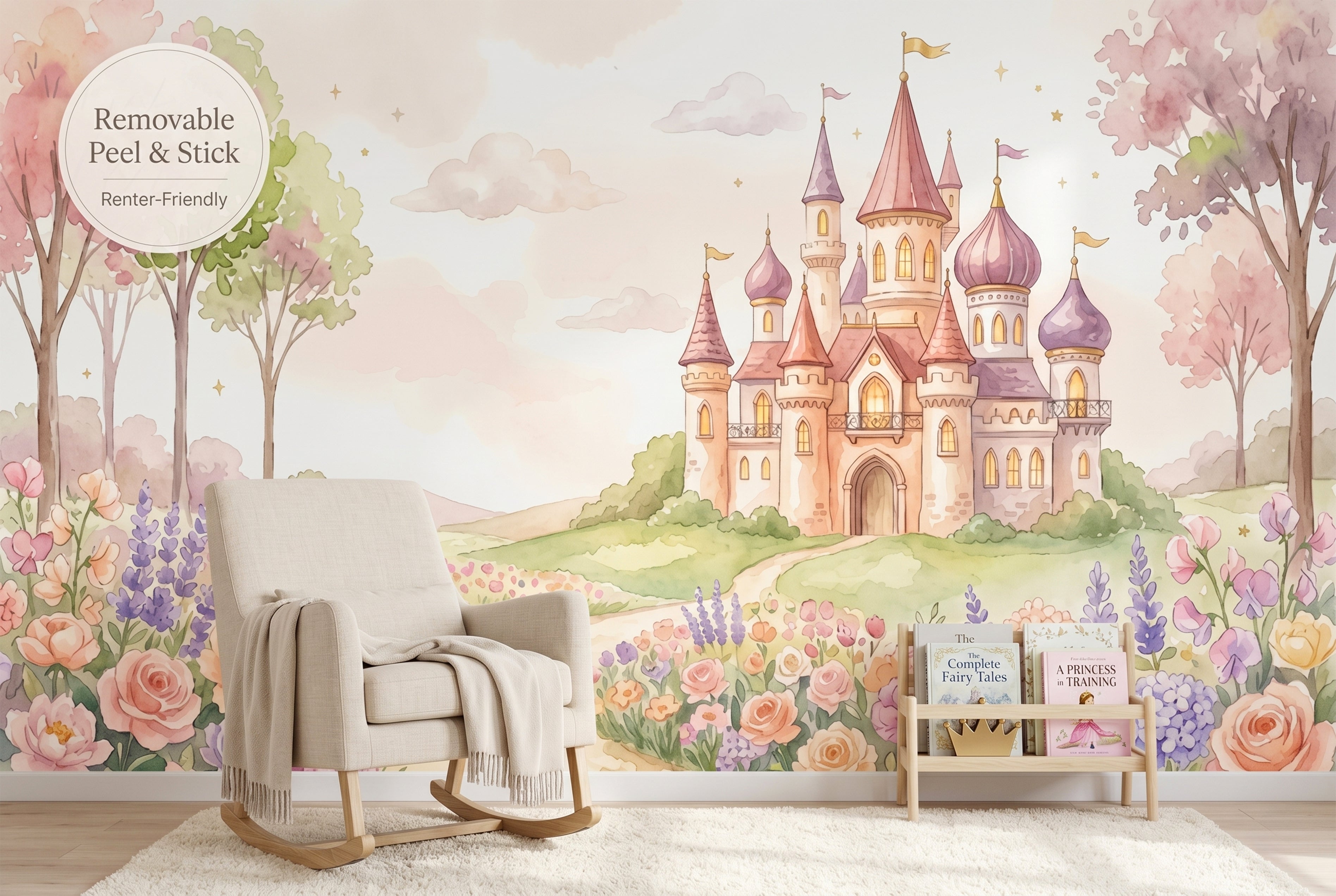 Pink roses peonies and lavender flowers on princess castle nursery mural