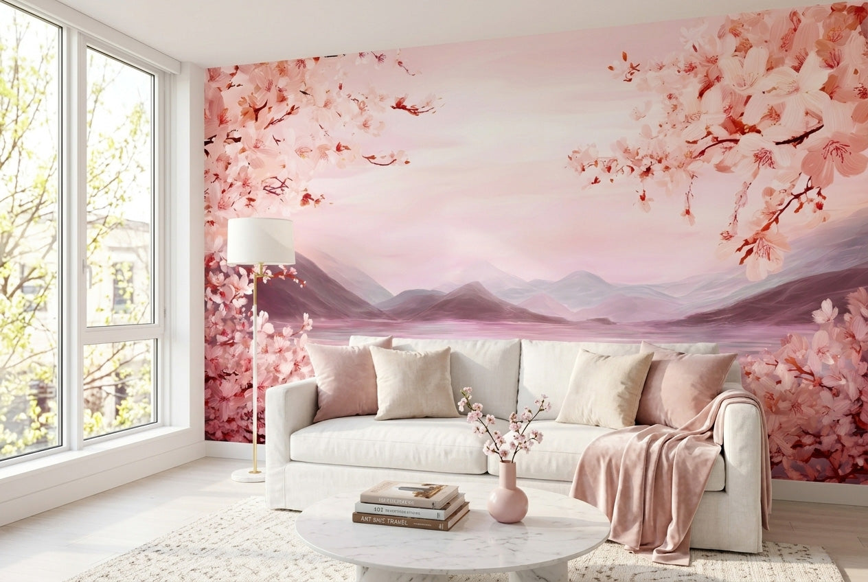 Pink sakura landscape wall mural in a serene living room behind a white sofa with pink and cream cushions