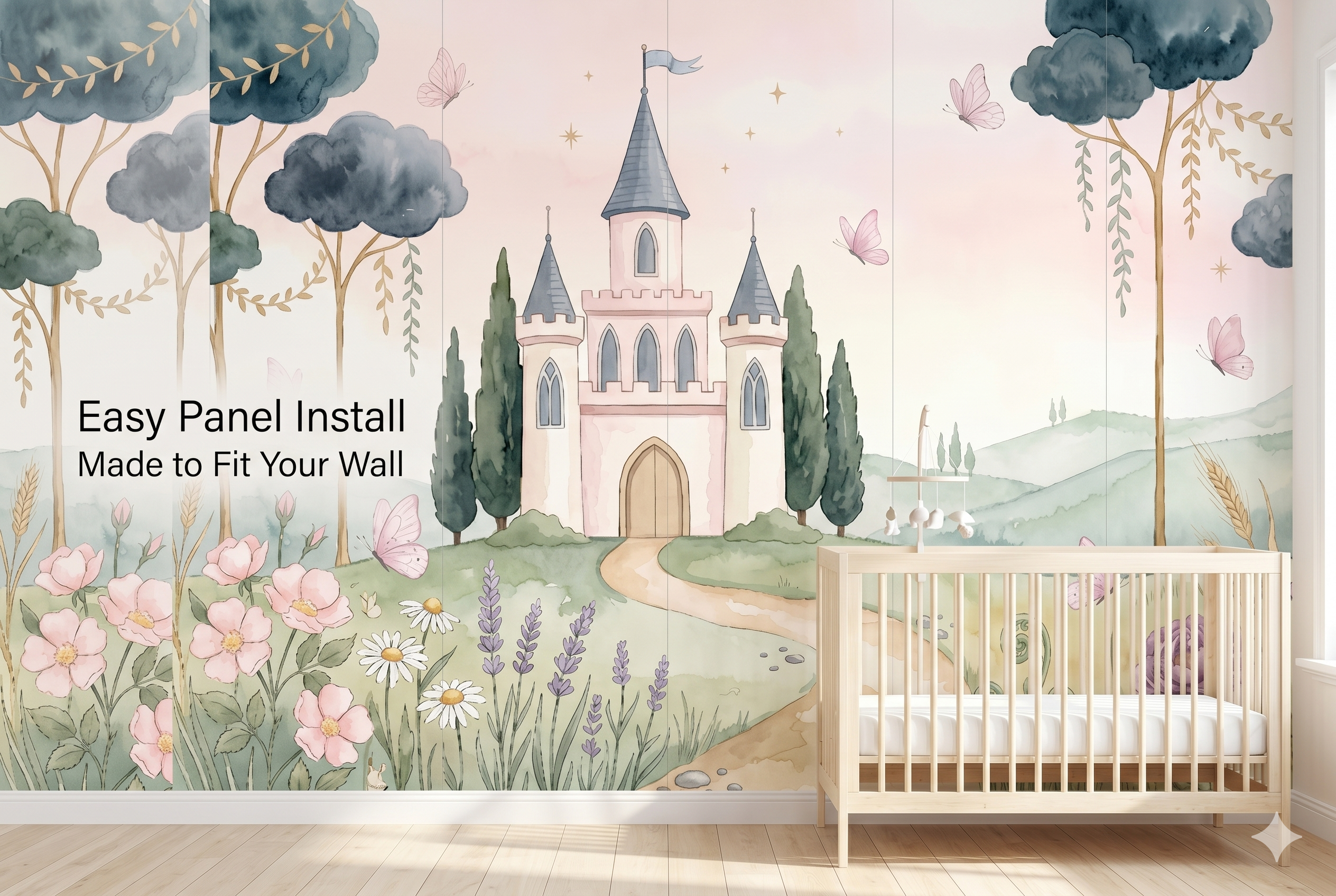 Pink wildflowers and delicate butterflies on pastel princess peel and stick mural