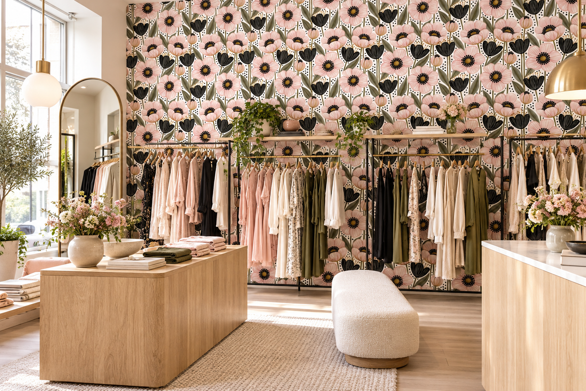 Pink botanical wallpaper featuring oversized flowers golden centers and olive green stems