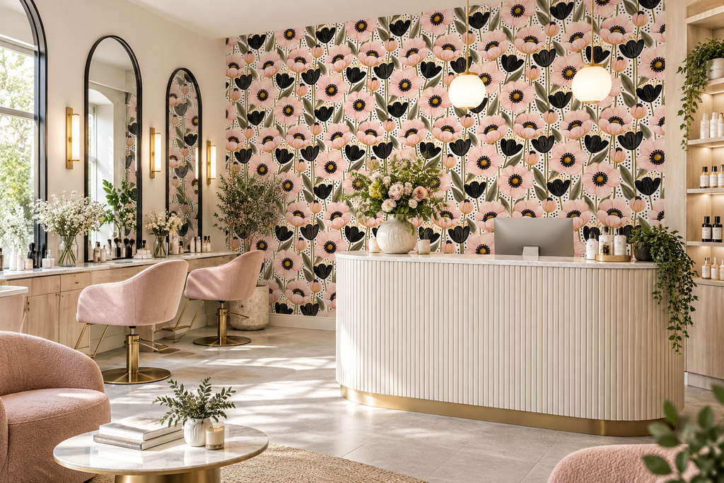 1. Contemporary repeating floral wallpaper with blush pink flowers black accents and white background