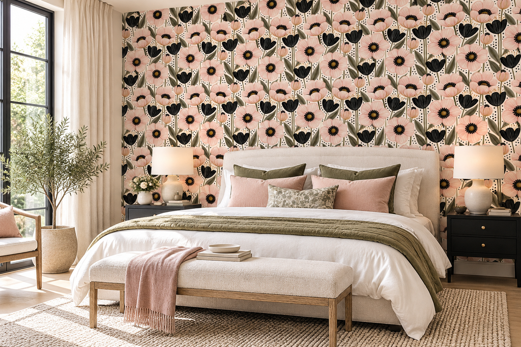 Pink and black floral wallpaper with watercolor flowers and olive green leaves on white