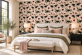 Pink and black floral wallpaper with watercolor flowers and olive green leaves on white