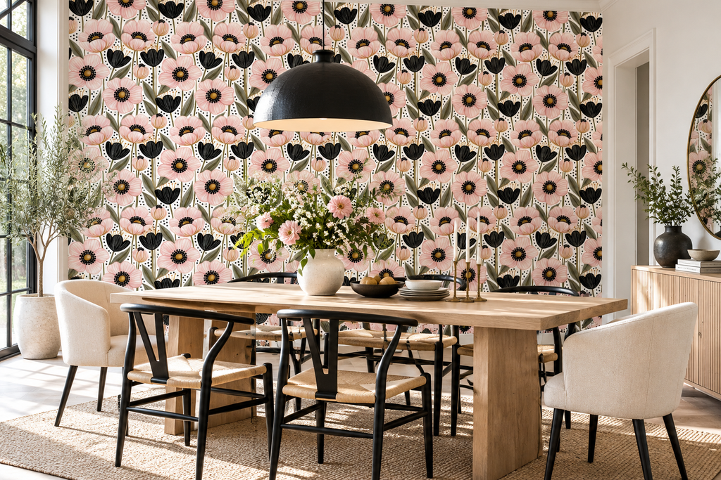 Repeating botanical wallpaper pattern with blush pink petals and black dotted flower centers