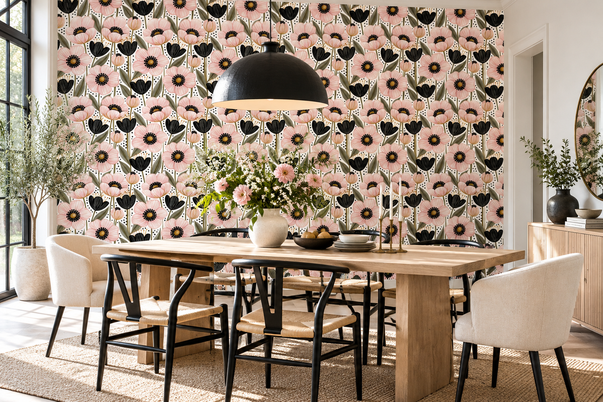 Repeating botanical wallpaper pattern with blush pink petals and black dotted flower centers