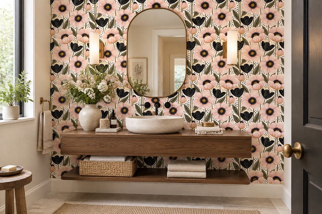 Modern watercolor floral wallpaper with black blossoms and muted green foliage