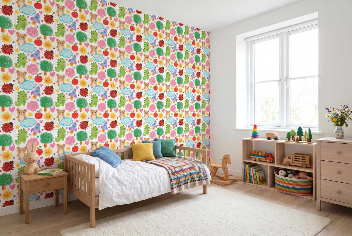 Playful Crayon Doodle Nursery Wallpaper Seamless Grid Paper & Child's Drawing Pattern