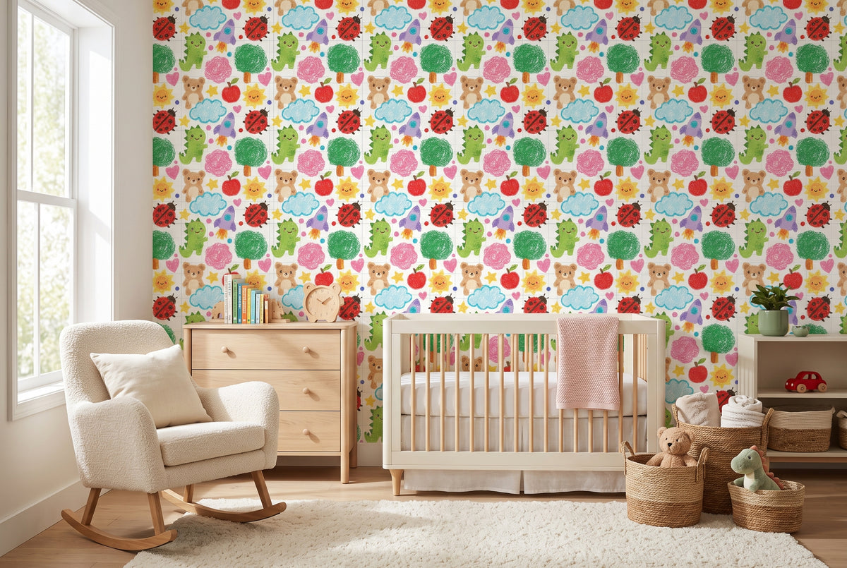 Playful grid paper and childs drawing peel and stick wallpaper in a kids bedroom