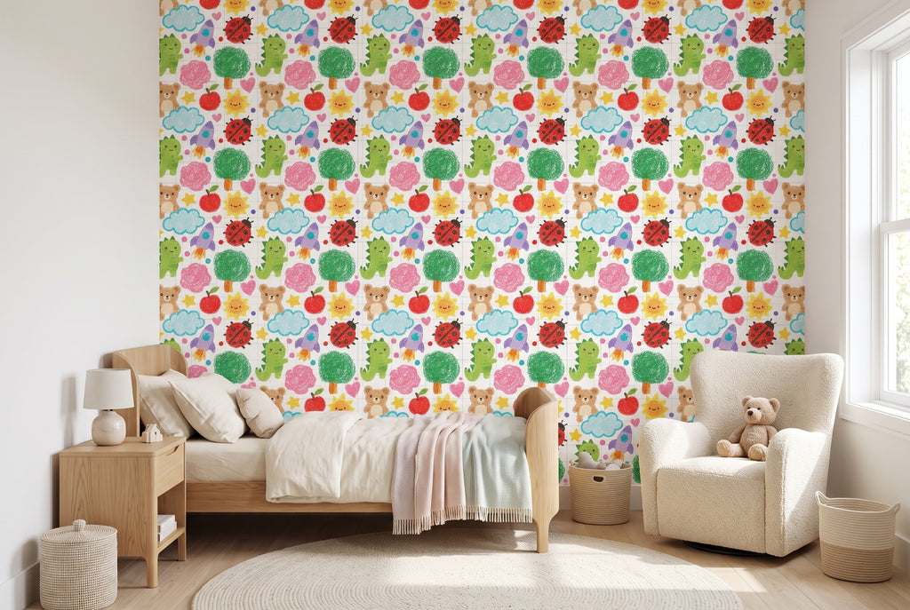 Playful Crayon Doodle Nursery Wallpaper Seamless Grid Paper & Child's Drawing Pattern