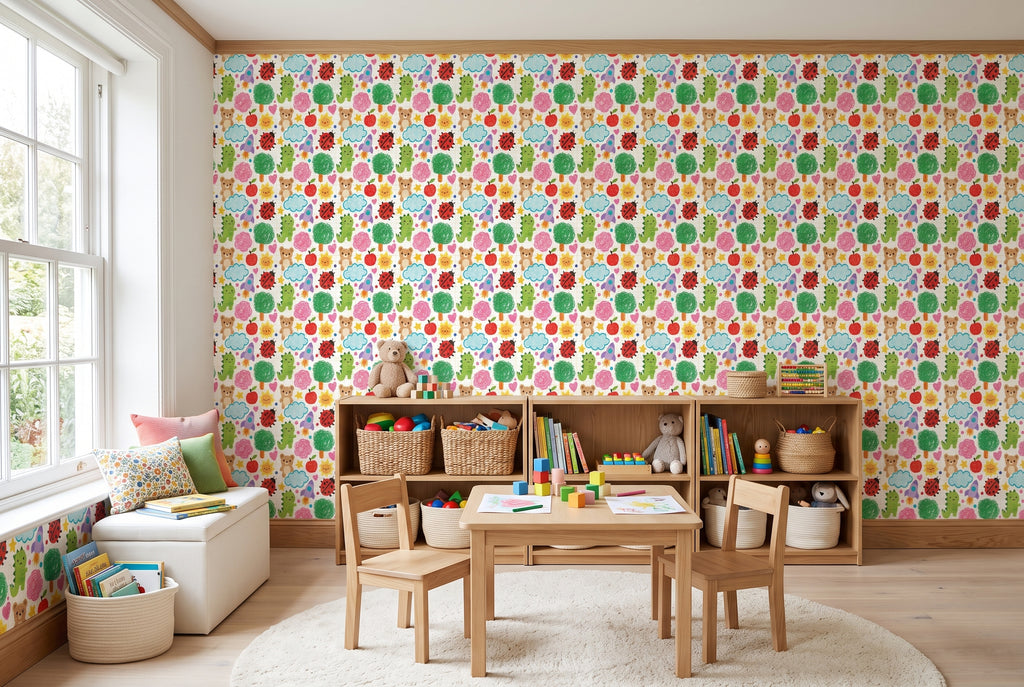 Creative hand drawn sun and teddy bear repeating wall pattern behind a craft desk