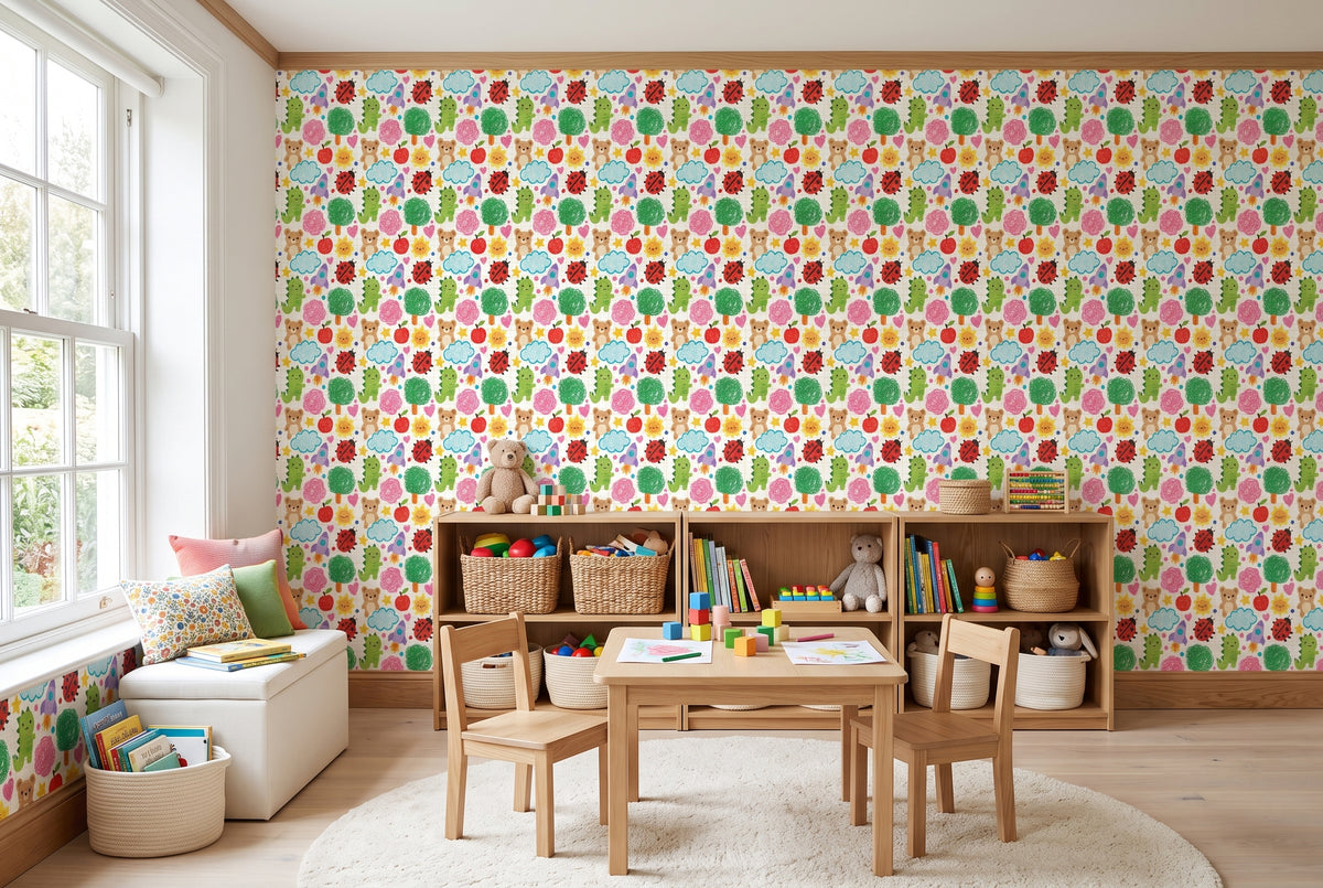 Creative hand drawn sun and teddy bear repeating wall pattern behind a craft desk