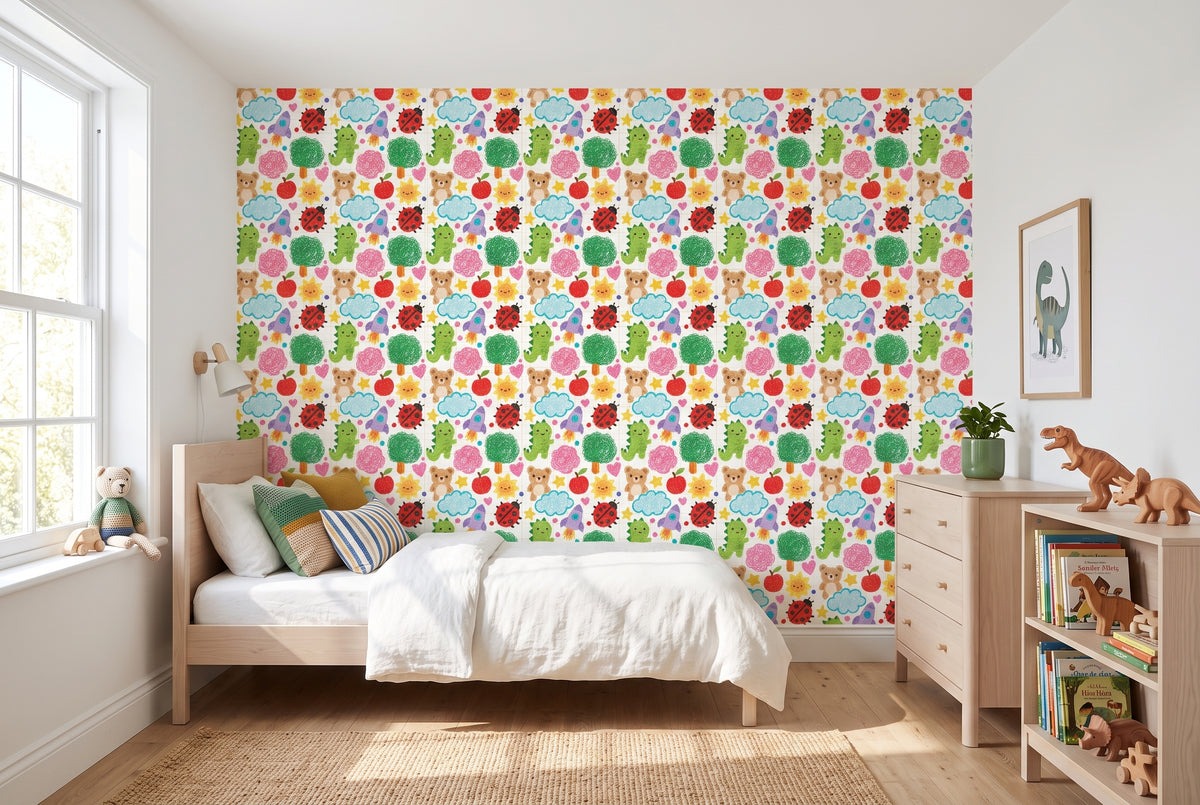 Gender neutral bright primary color doodle wallpaper transforming a baby nursery
