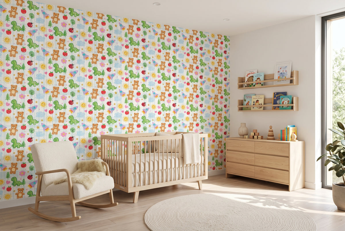 Gender neutral bright primary color doodle wallpaper transforming a baby nursery
