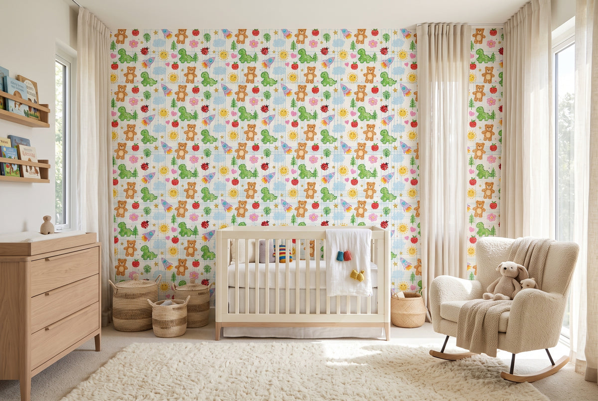Premium Playful Crayon Doodle Nursery Wallpaper Seamless Grid Paper & Child's Drawing Pattern