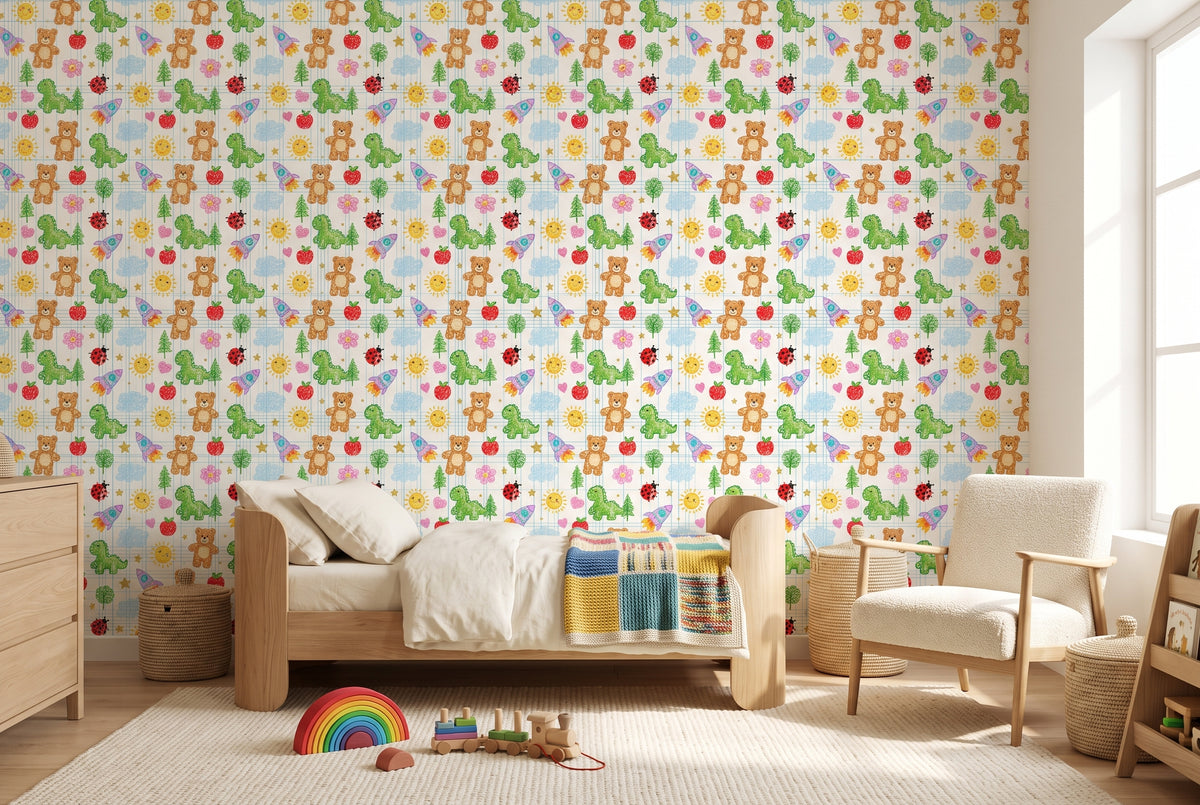Playful grid paper and childs drawing peel and stick wallpaper featuring a brown teddy bear