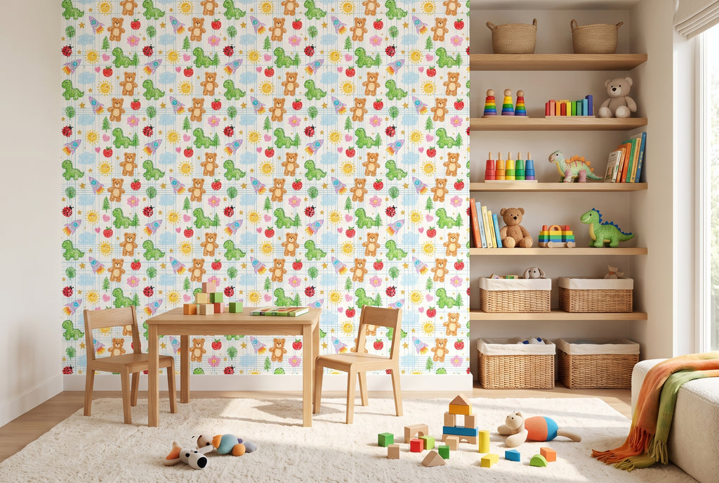 Creative hand drawn sun and apple repeating wall pattern behind a craft desk