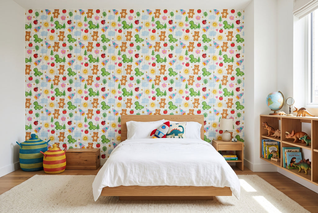 Premium Playful Crayon Doodle Nursery Wallpaper Seamless Grid Paper & Child's Drawing Pattern
