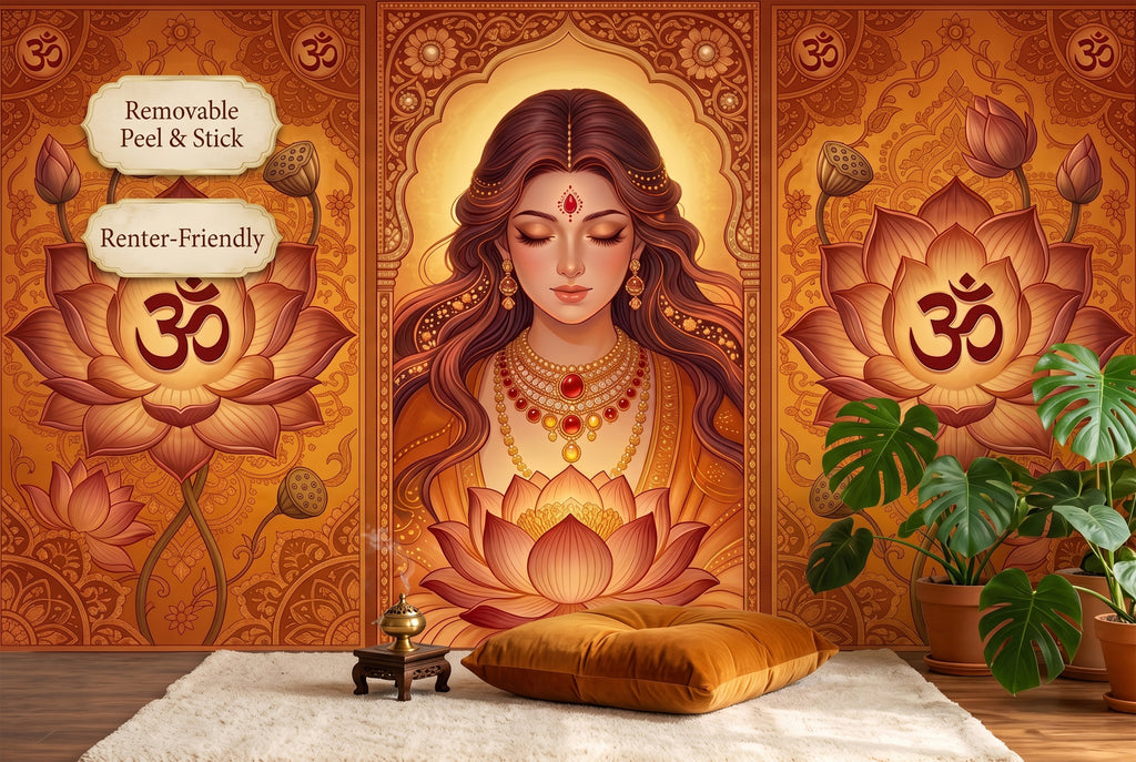 Radiant golden goddess and lotus triptych wall mural in a meditation room