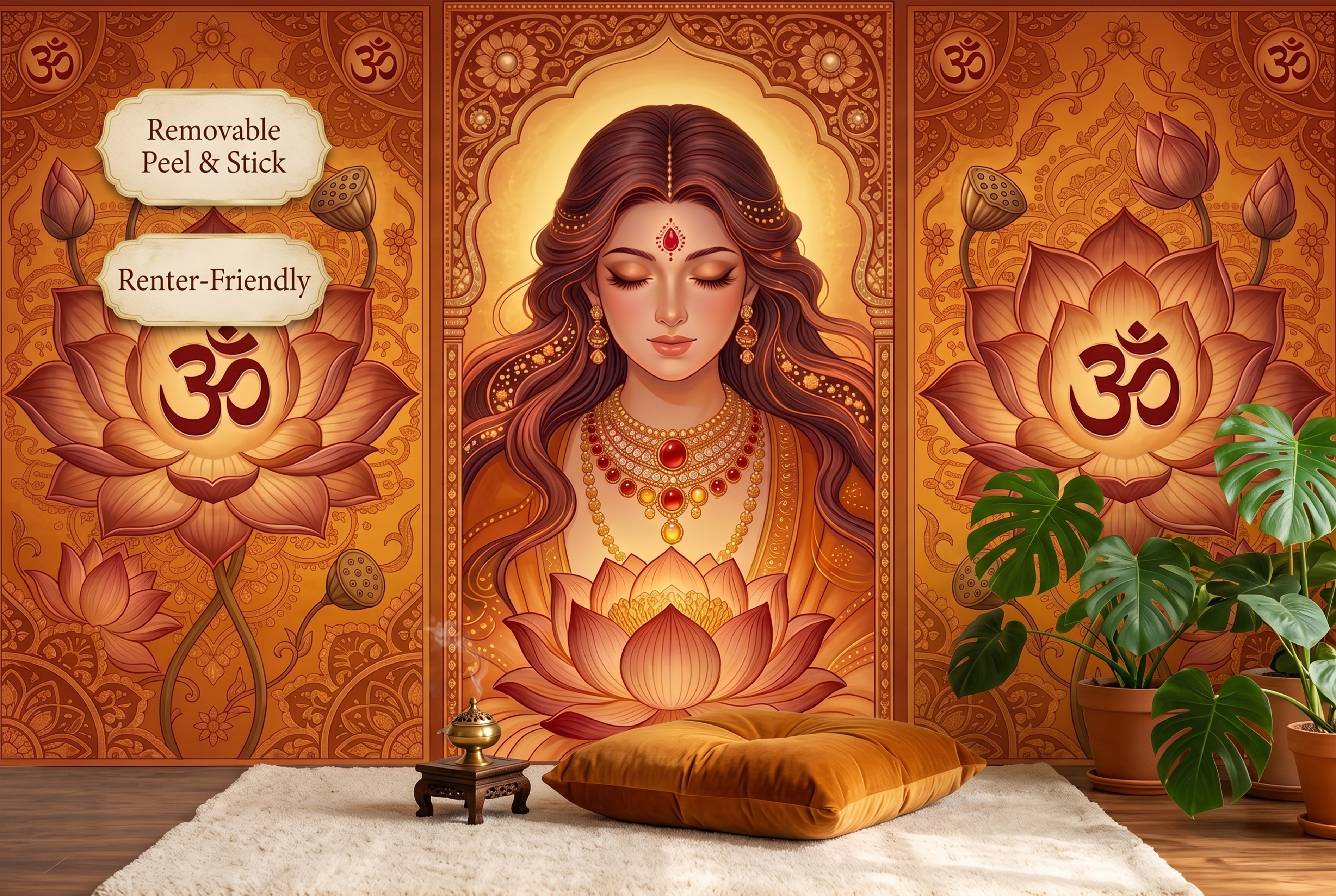 Radiant golden goddess and lotus triptych wall mural in a meditation room