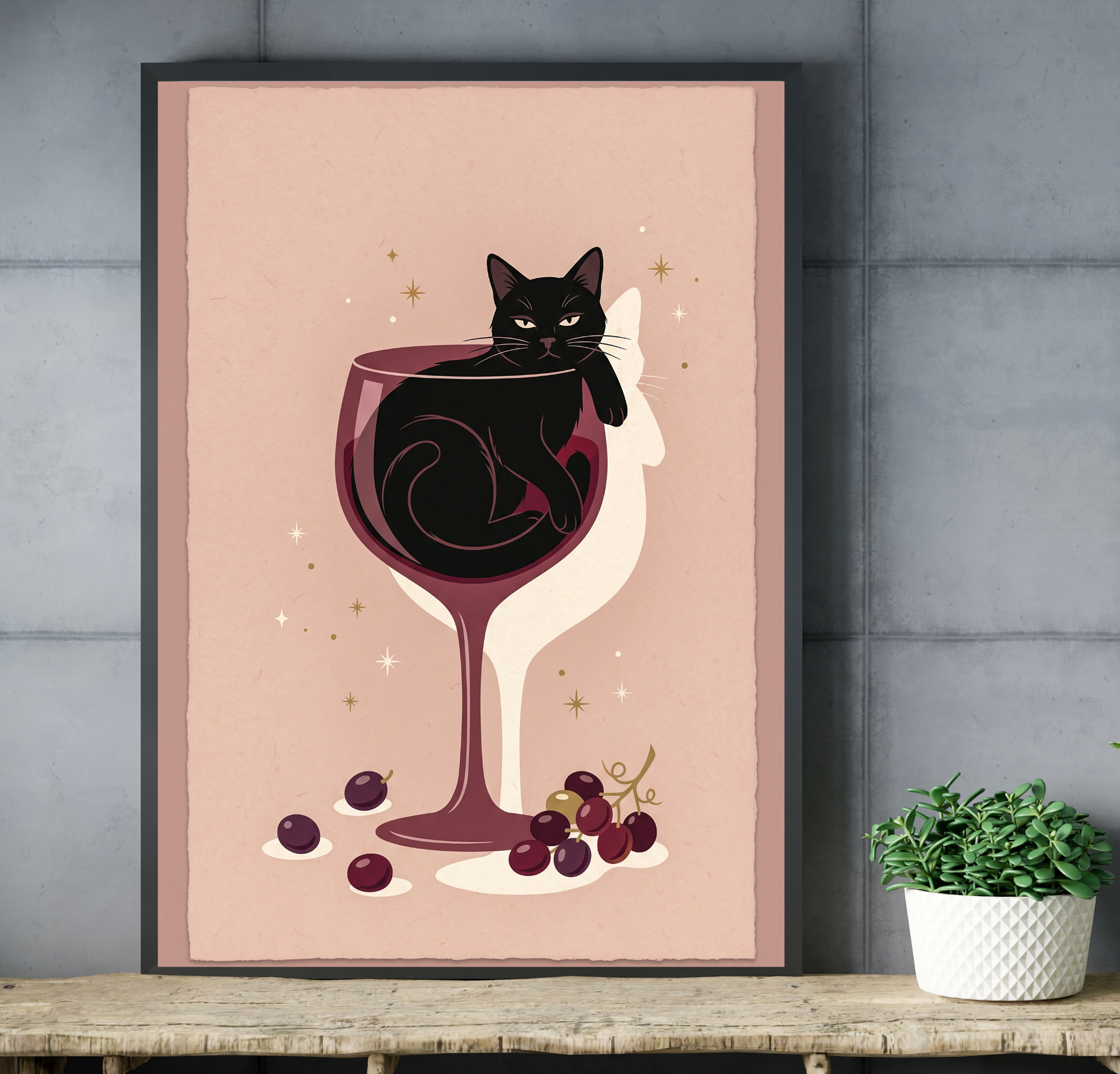 Retro black cat in a wine glass canvas print styling a cozy modern kitchen