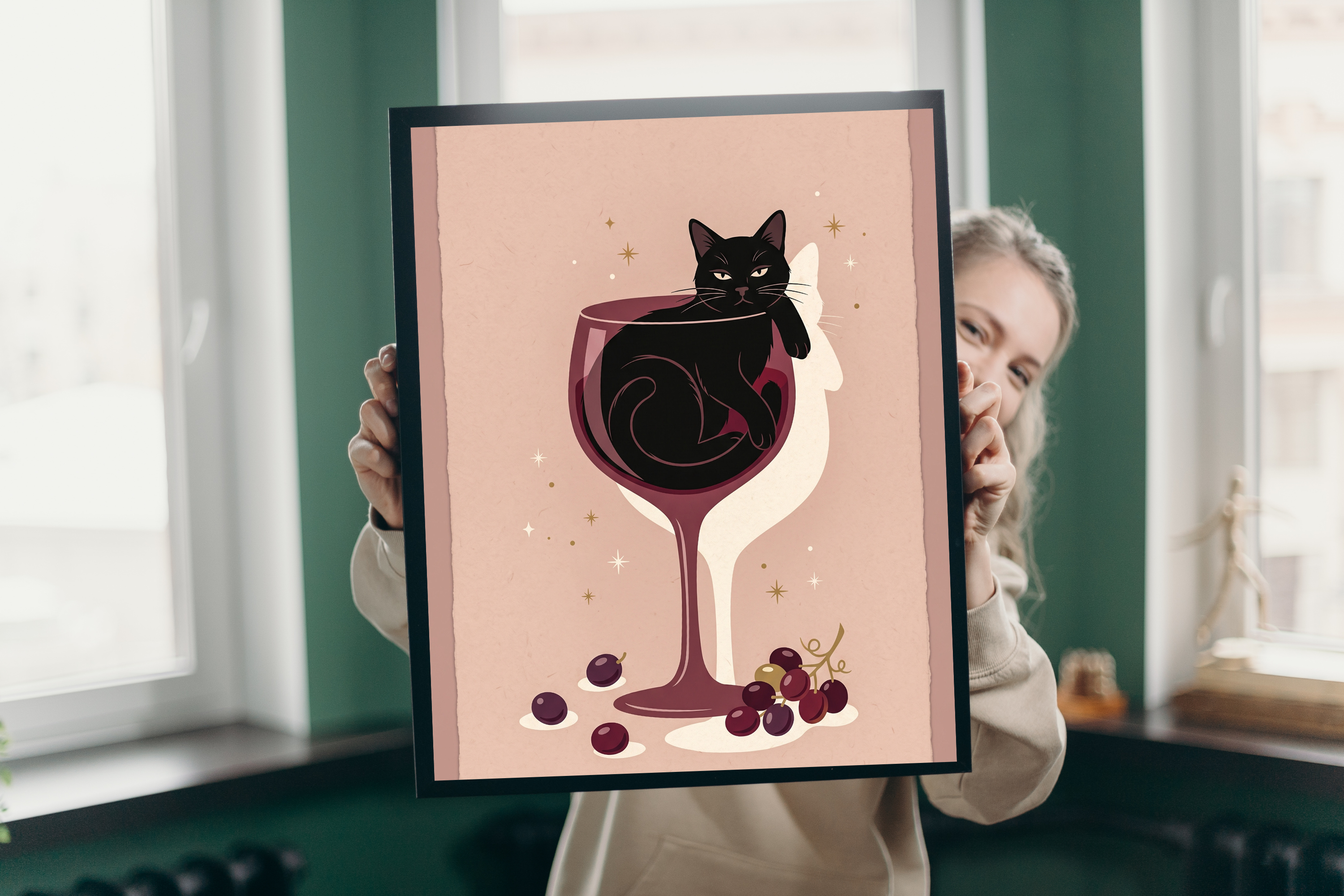 Whimsical feline and red wine wall decor displayed perfectly above a stylish bar cart