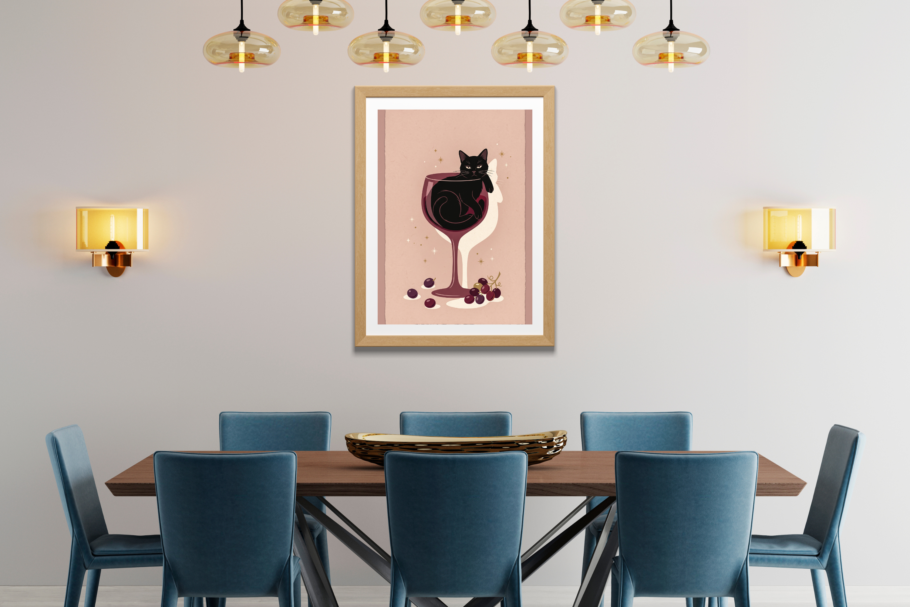 Vintage dusty pink cat illustration adding playful charm to a contemporary dining area