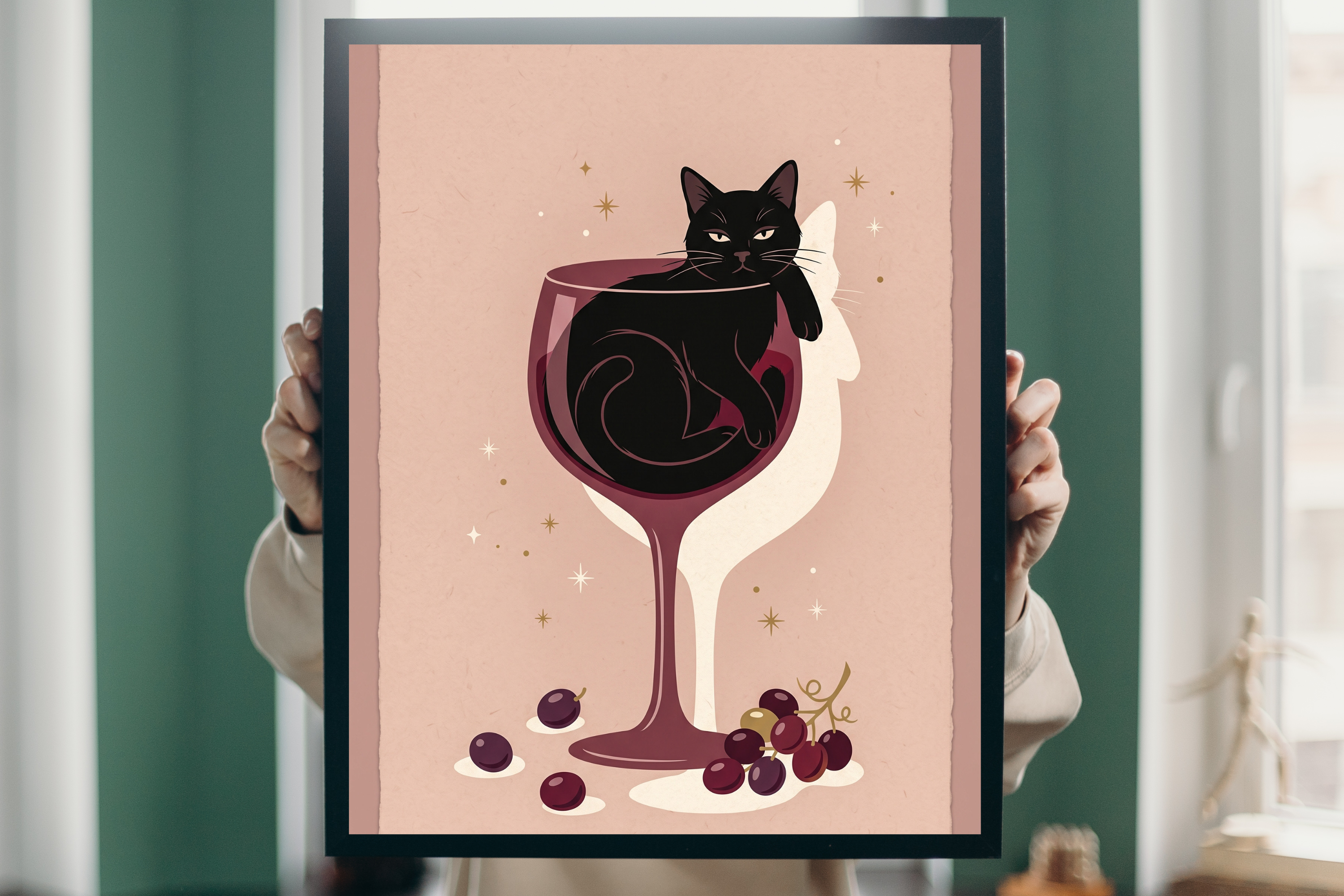 Detail view showing the crisp retro illustration, golden sparkles, and unamused cat face