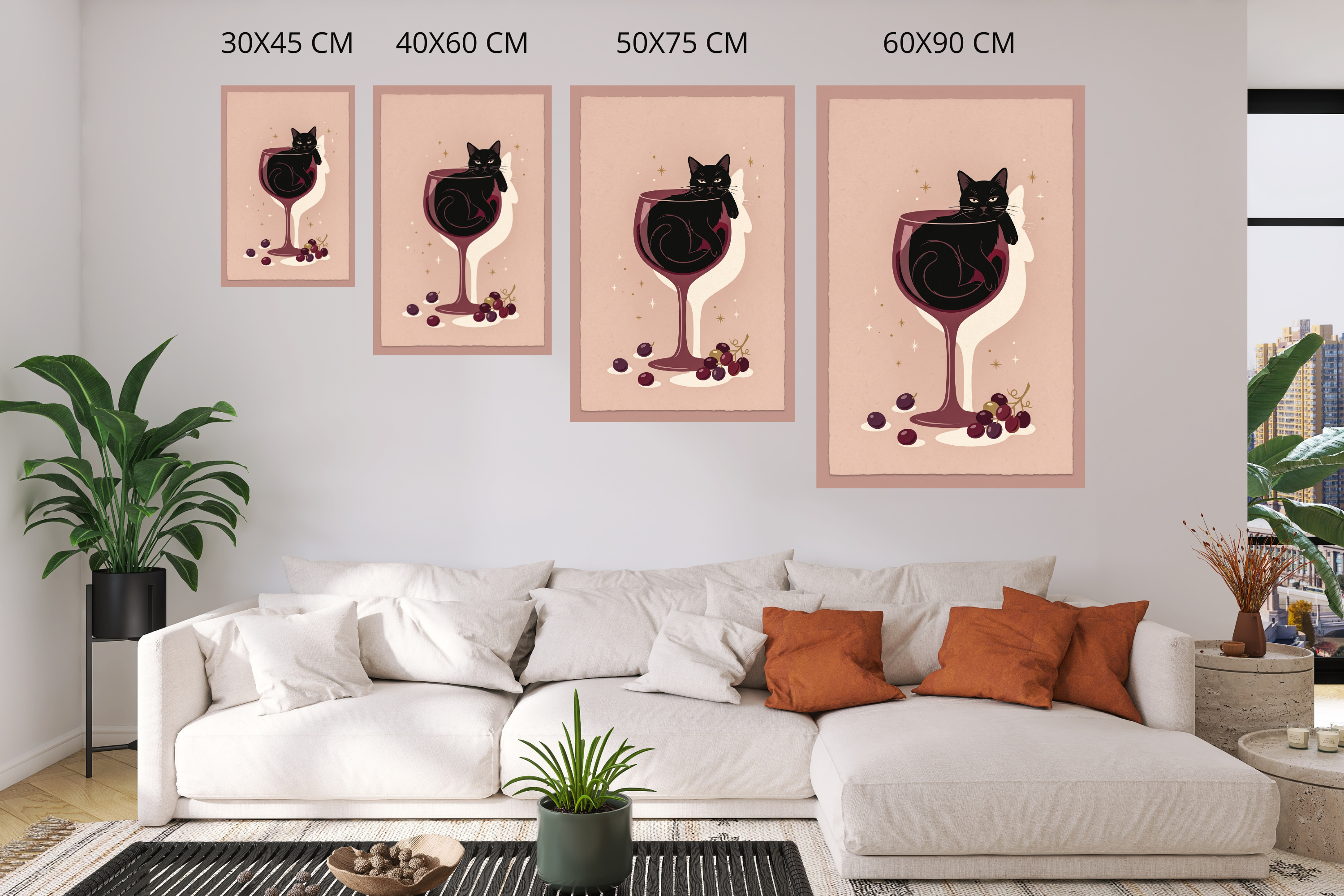 Quirky wine lover cat poster acting as a fun conversation piece in an eclectic living room