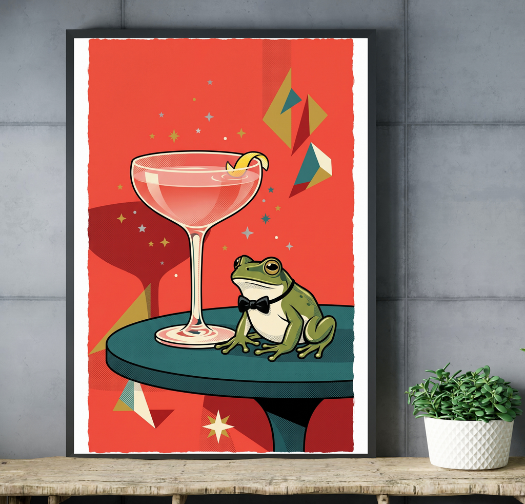 Retro frog and pink cocktail canvas print styling a chic mid-century modern home bar