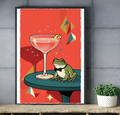 Retro frog and pink cocktail canvas print styling a chic mid-century modern home bar