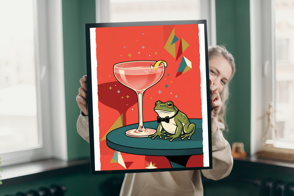 Quirky dapper frog wall decor adding vintage charm and humor above a stylish bar cart
